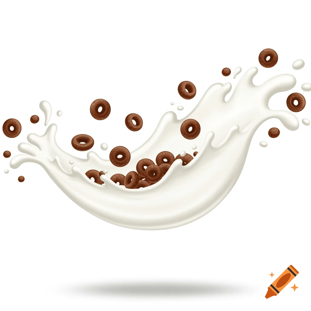 A splash of white milk with brown chocolate cereal loops flying in and around it.