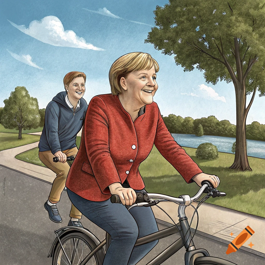 Illustration of two people, including Angela Merkel, riding bikes on a path by a river on a sunny day.