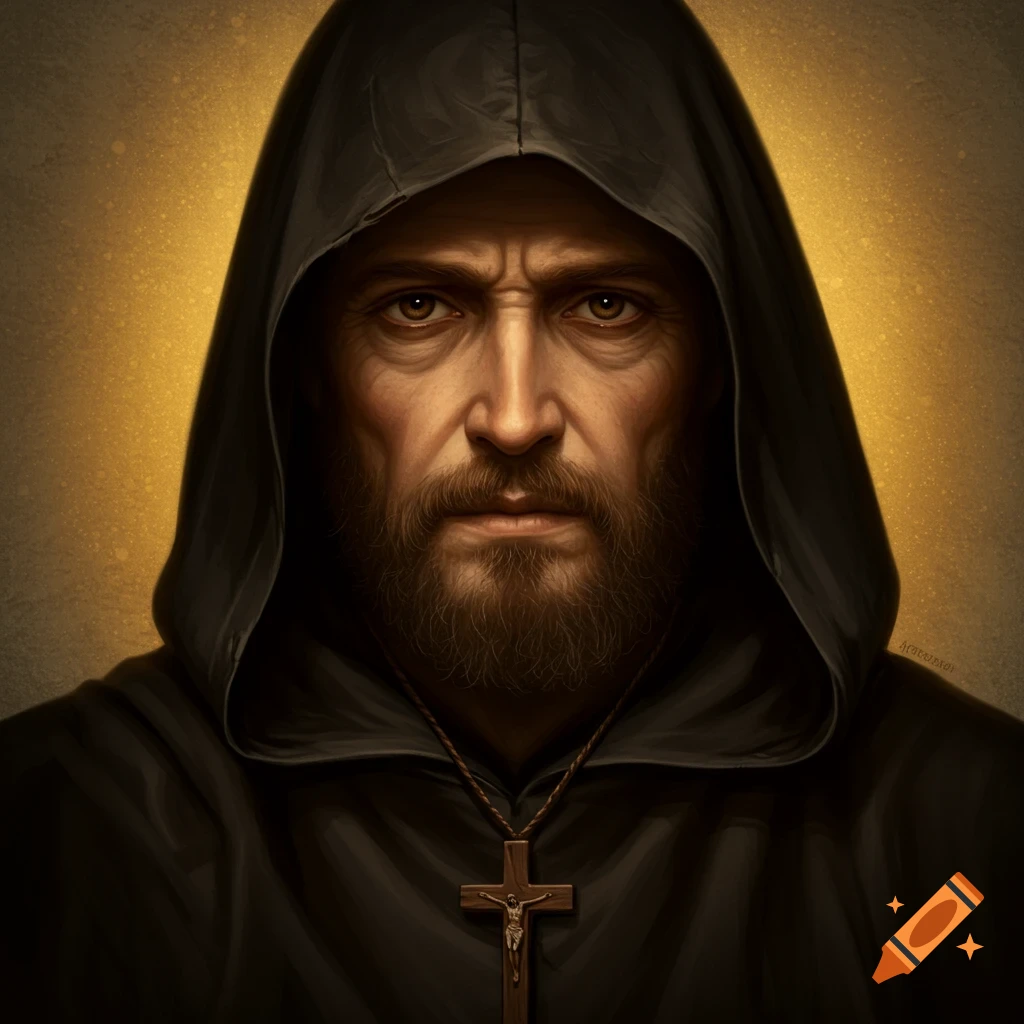 Portrait of a man in a hooded cloak with a beard and cross necklace.