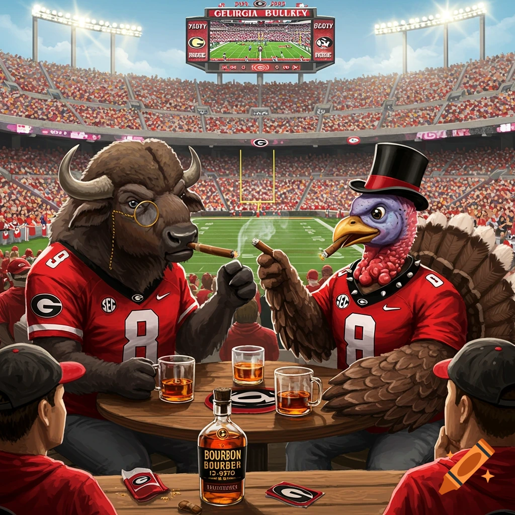 A buffalo and turkey are drinking and smoking cigars at a Georgia Bulldogs football game.