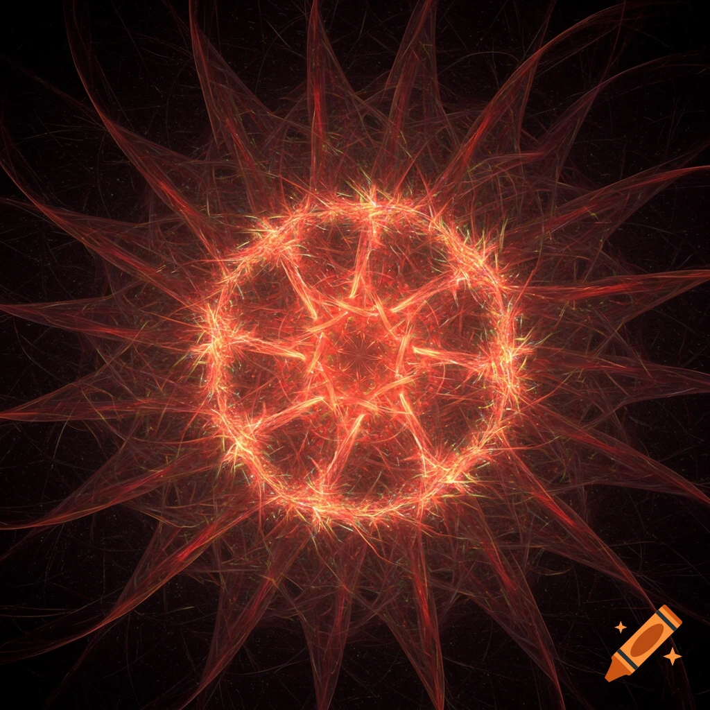 An intricate red and yellow abstract fractal pattern radiating outwards.