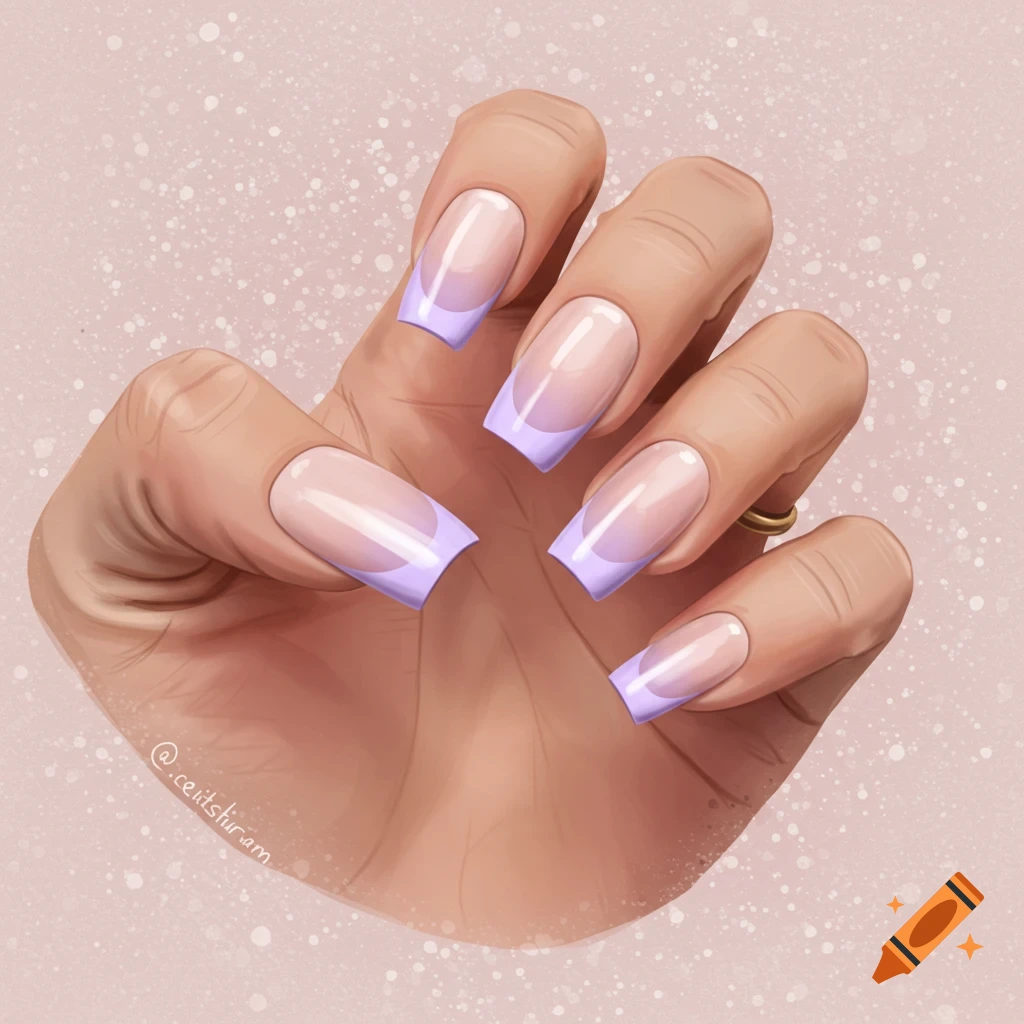A hand with lavender ombre french tip nails.