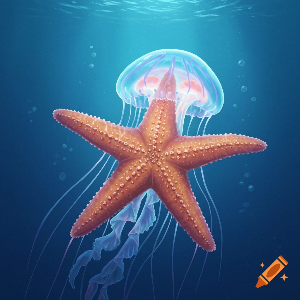 A starfish and jellyfish combined underwater