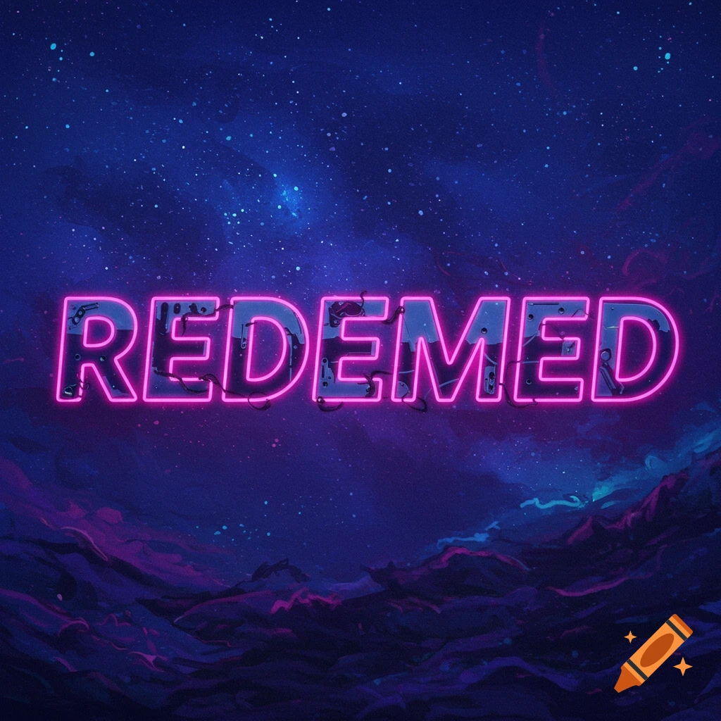 Pink neon text 'REDEEMED' over a starry space landscape.
