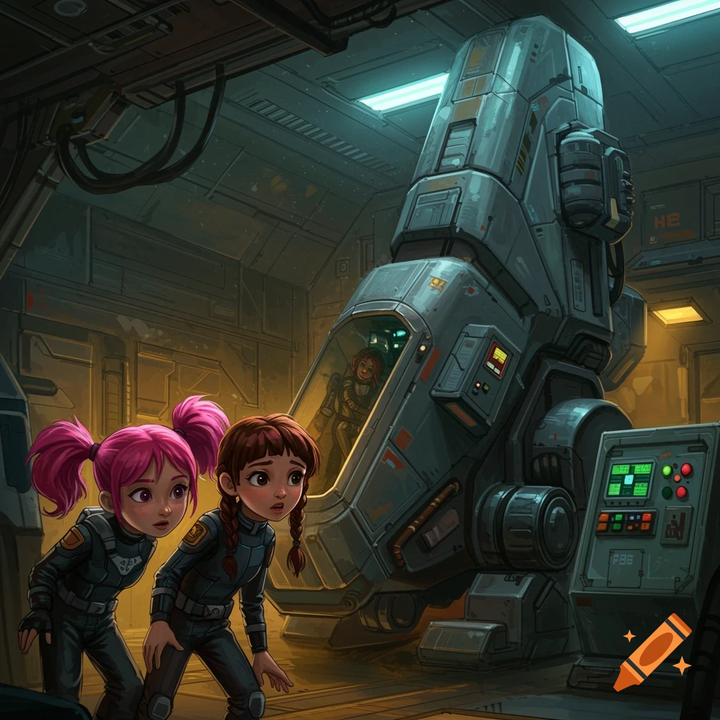 Two young girls in space suits look at a large futuristic spaceship in a dimly lit hangar.