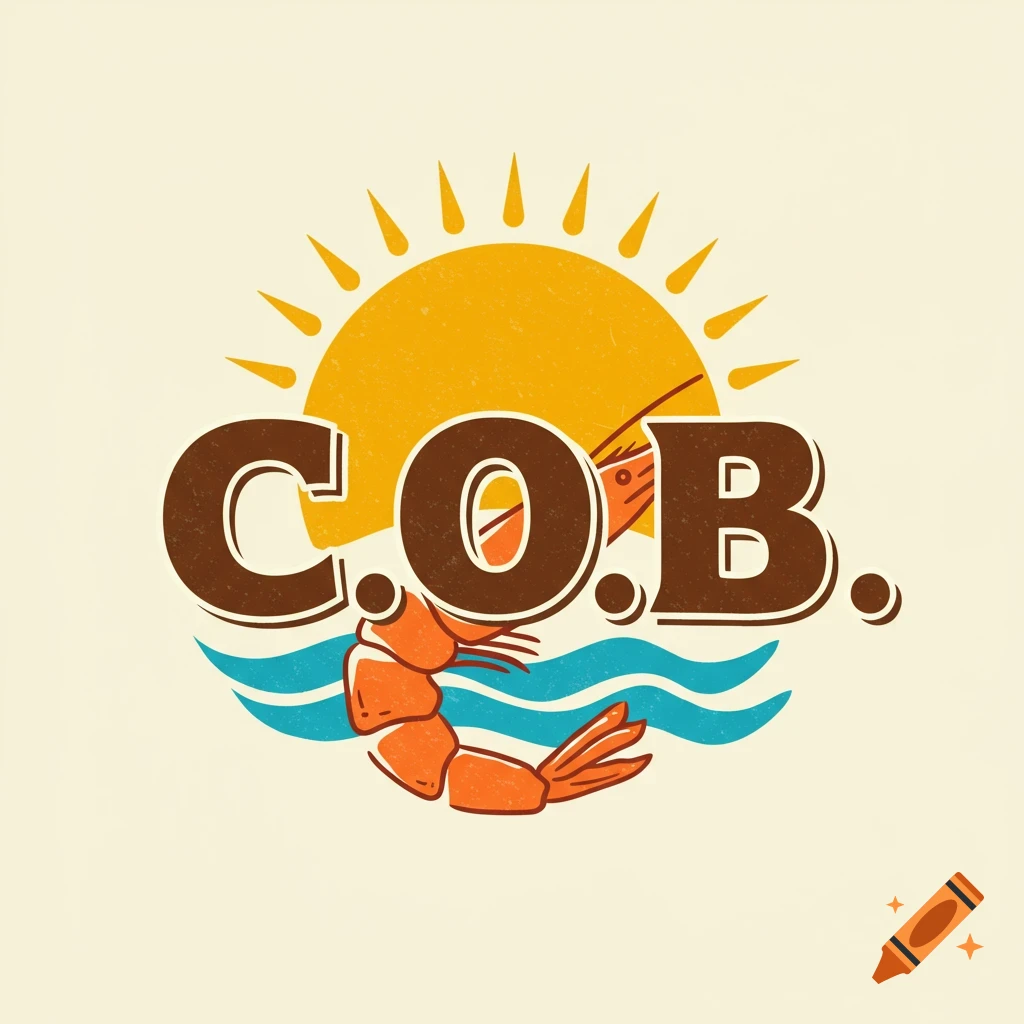 Logo with text C.O.B., a shrimp, sun, and waves