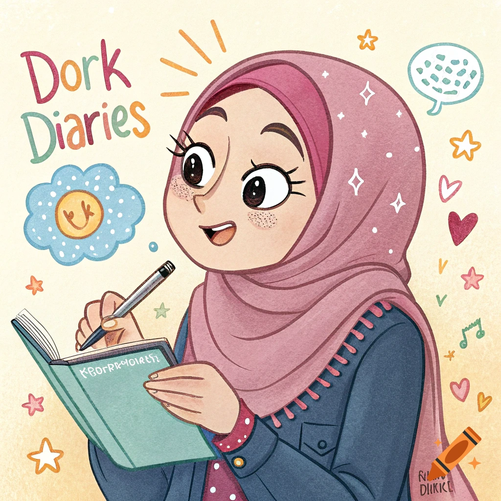 Cartoon illustration of a girl wearing a pink hijab writing in a diary.