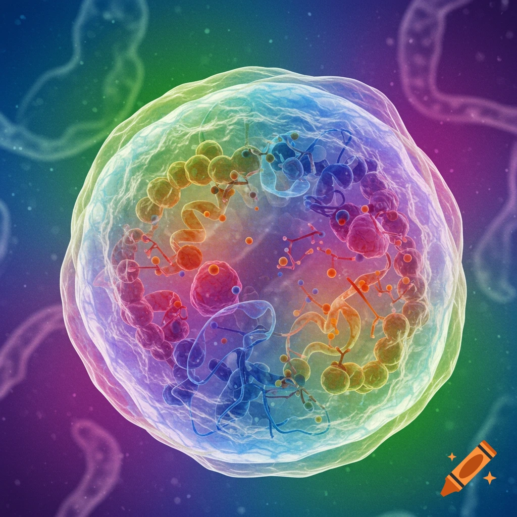 A vibrant, colorful image of a microscopic cell or vesicle.
