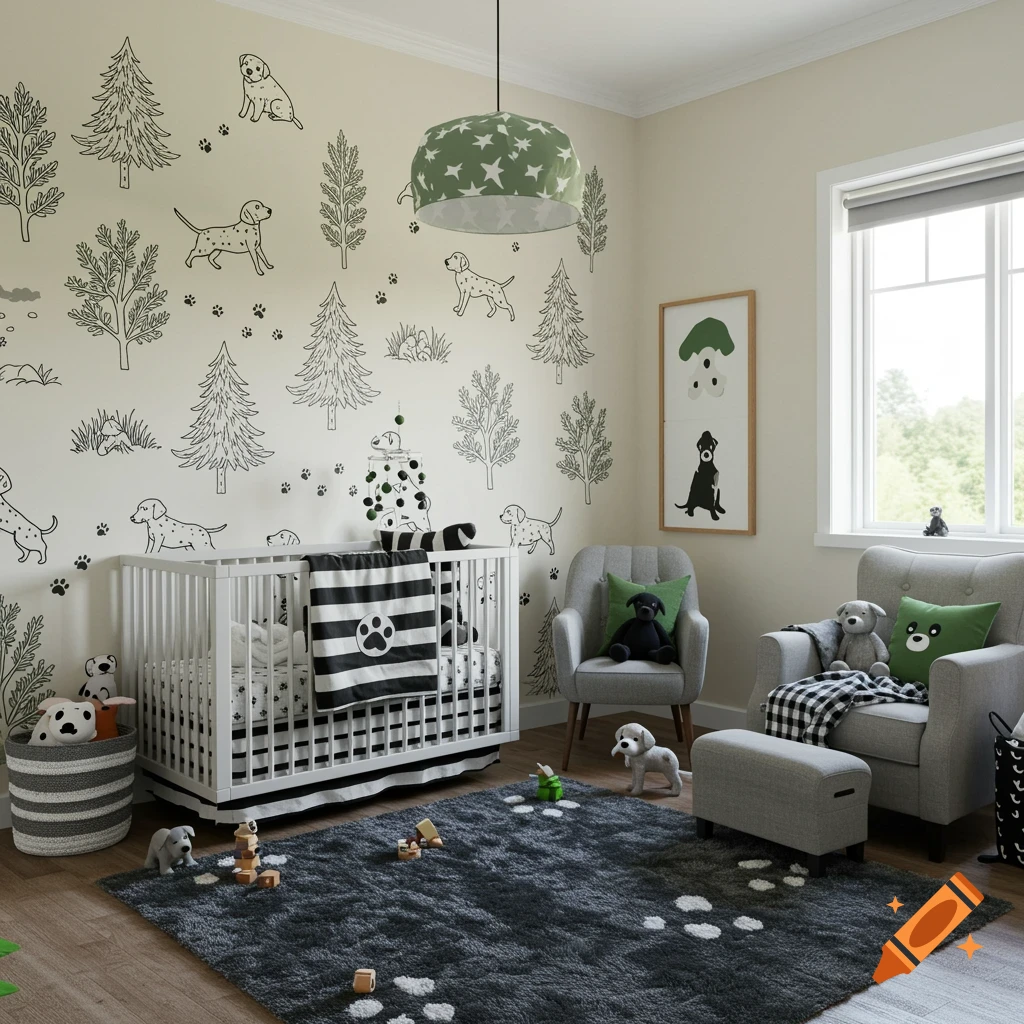 Nursery room with dog and tree wall illustrations, a crib, grey armchair, and paw print rug.