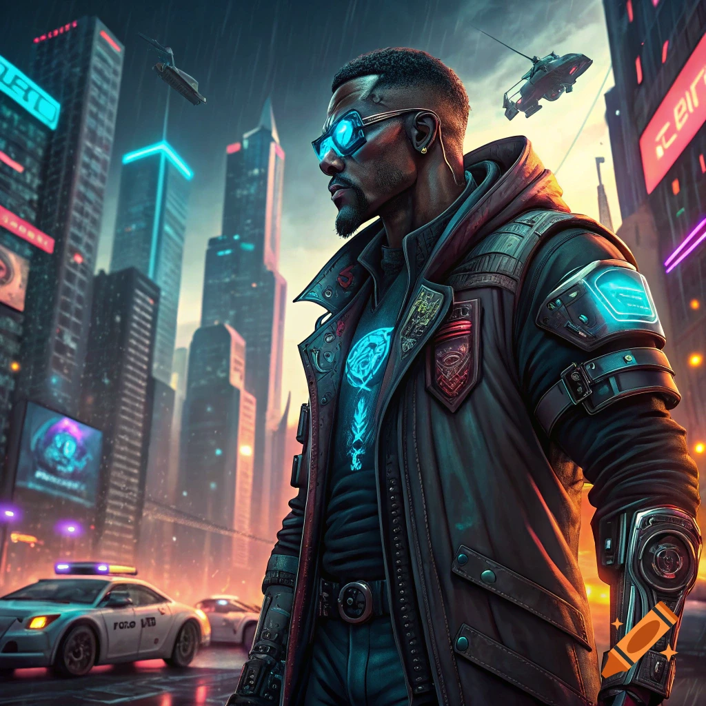 Cyberpunk character with glowing glasses and gear stands on a rainy city street with neon lights and futuristic vehicles.