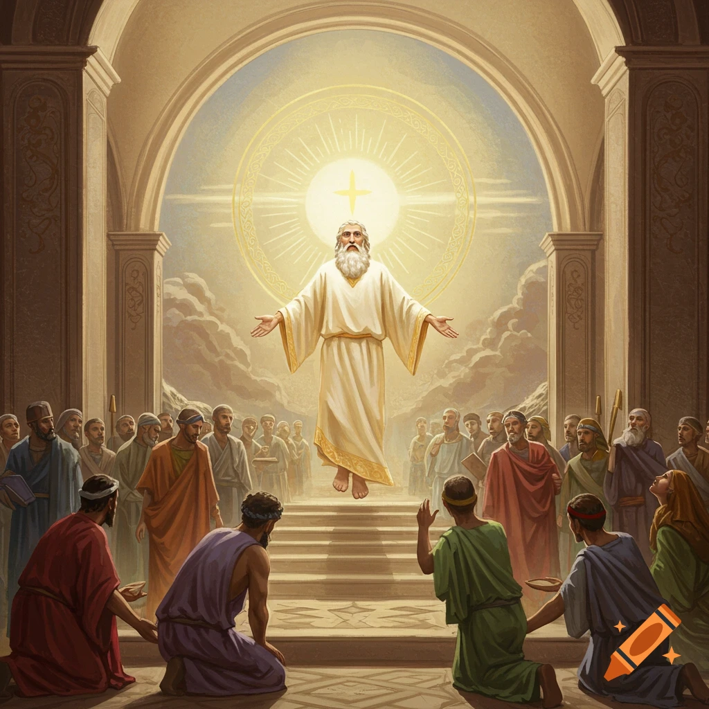 A robed figure descending in light over steps before a kneeling crowd in an arched hall.