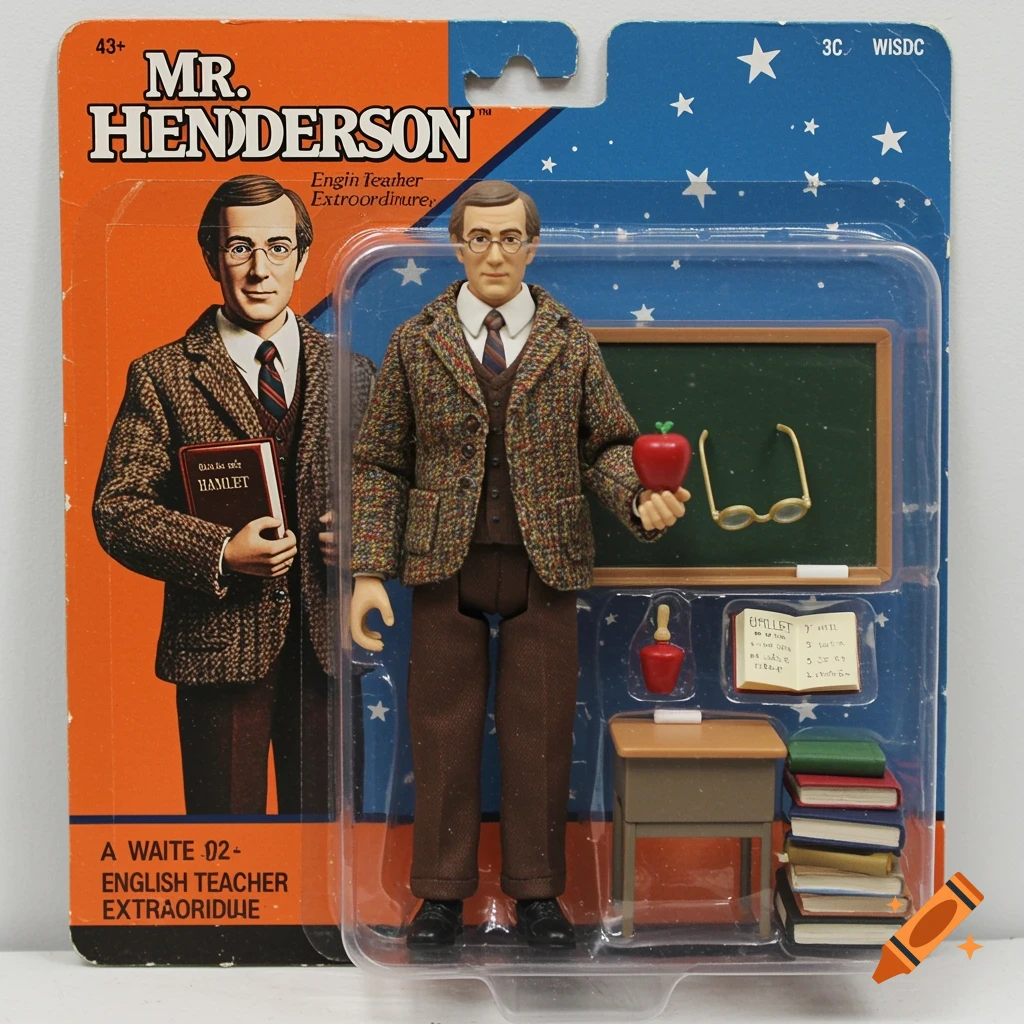 Photorealistic action figure of an English teacher in retro 1970s packaging, holding a Hamlet book and apple.