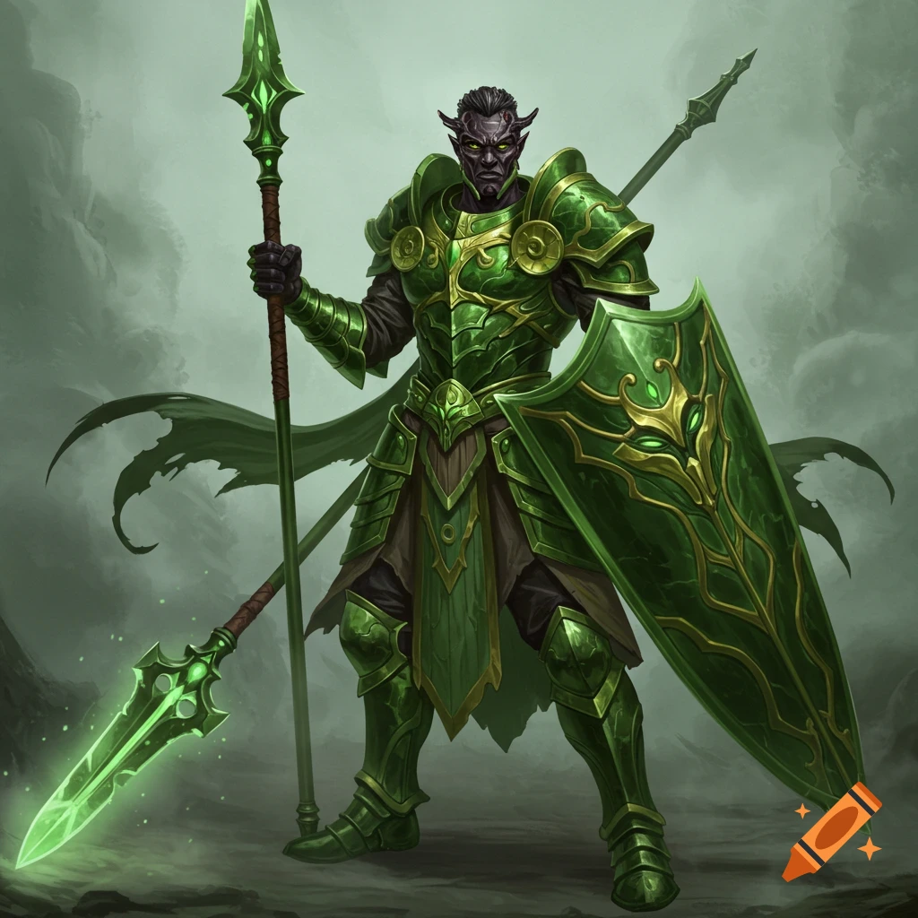 A fantasy warrior in ornate green armor stands holding a spear and shield.