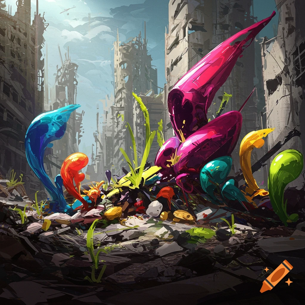 Colorful abstract shapes growing from rubble in a ruined city.
