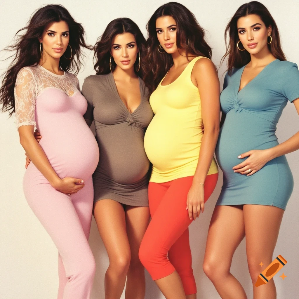 Four pregnant women pose in colorful maternity clothes.