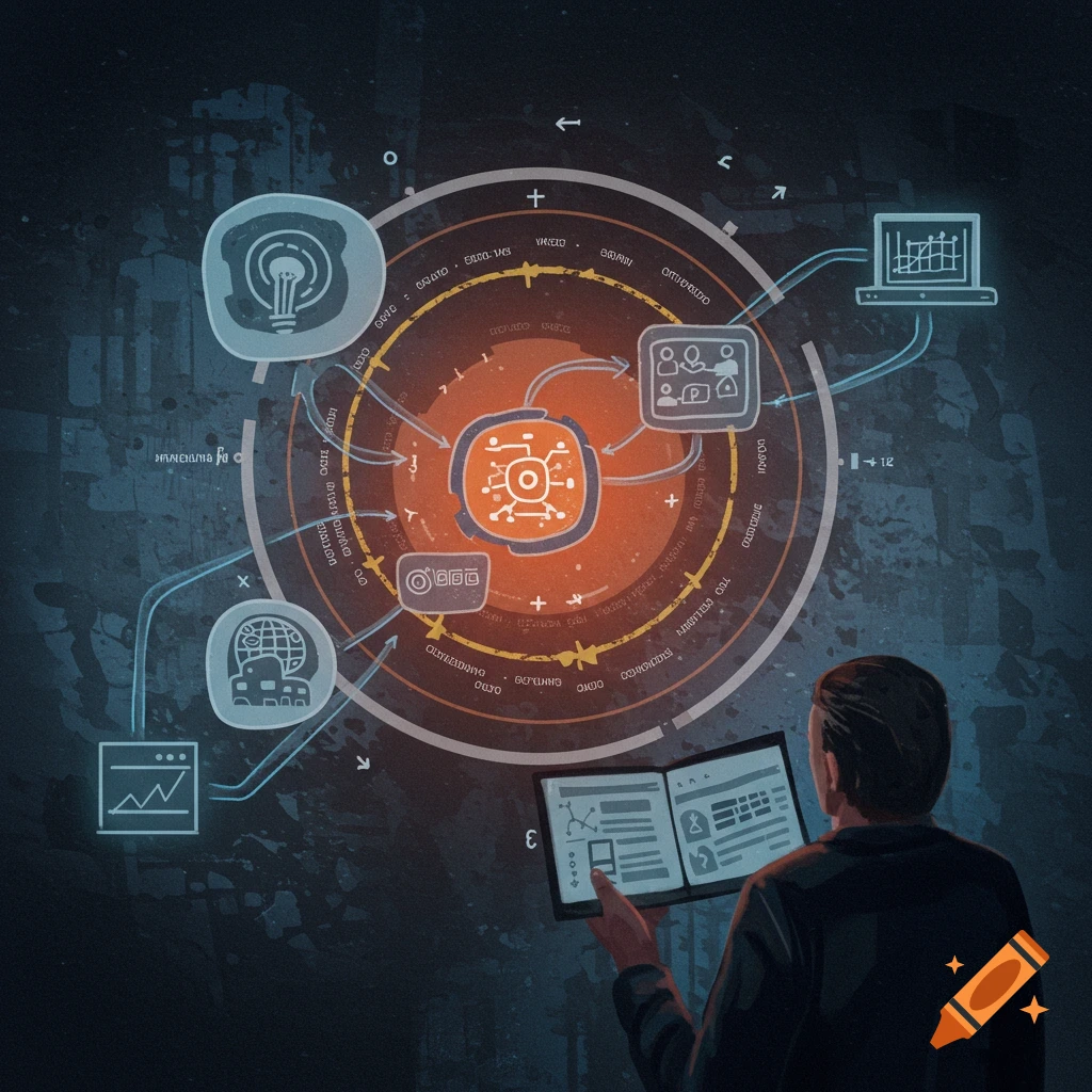 A person views a complex data flow diagram on a tablet.