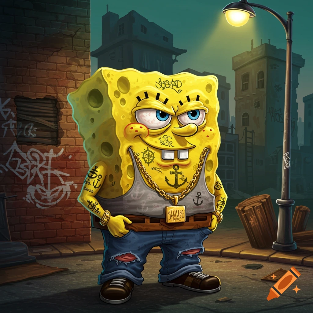 SpongeBob SquarePants depicted as a street thug with tattoos and a gold chain in a gritty urban setting.