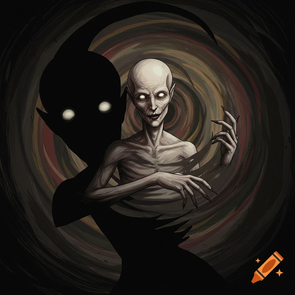 An eldritch creature with glowing eyes and claws, connected to a dark shadow figure.