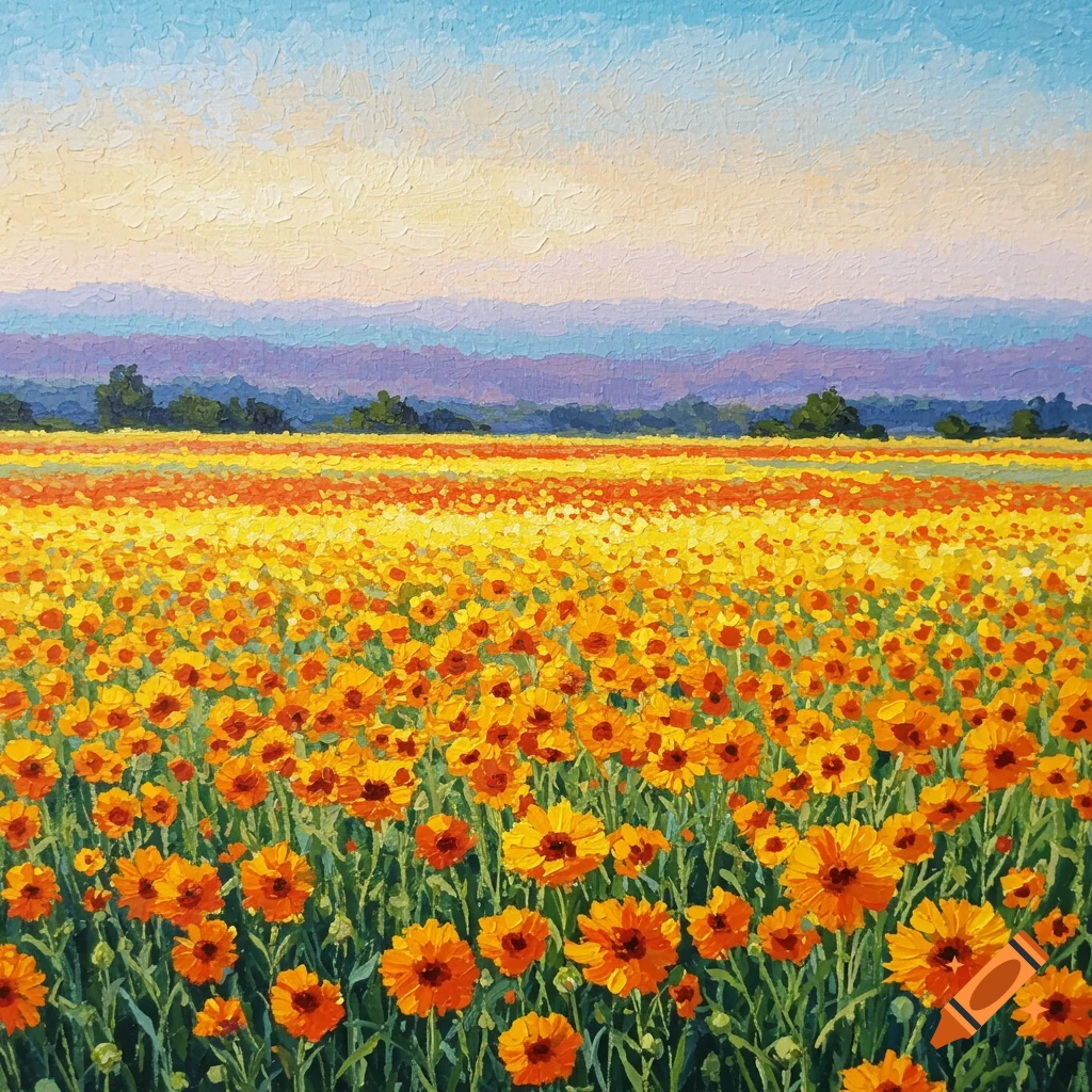 Painting of a field of orange flowers with mountains in the distance under a blue sky, in an impasto or pointillist style.