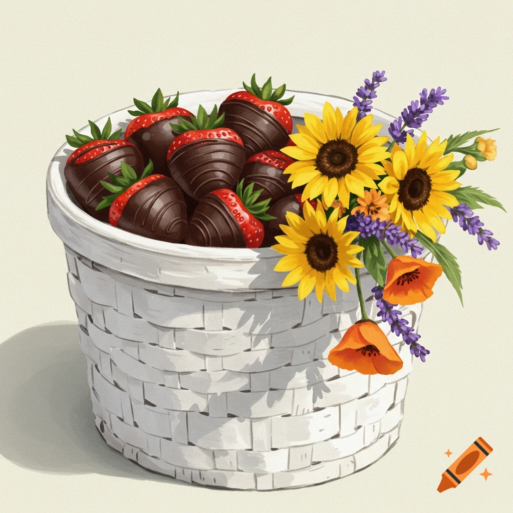 Chocolate covered strawberries and flowers in a white basket