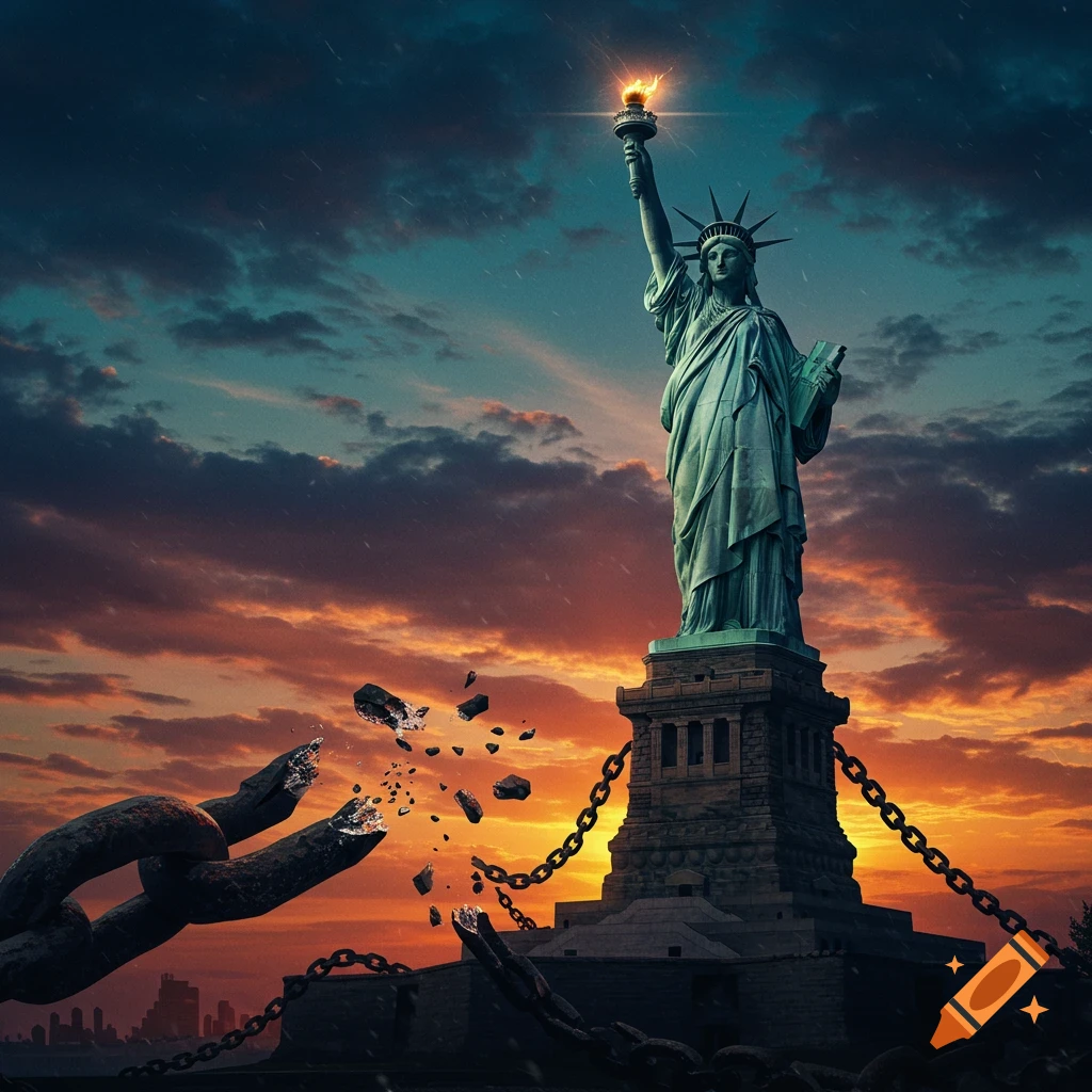 Statue of Liberty stands chained but breaking free, with heavy chains snapping apart against a dramatic sunset sky.