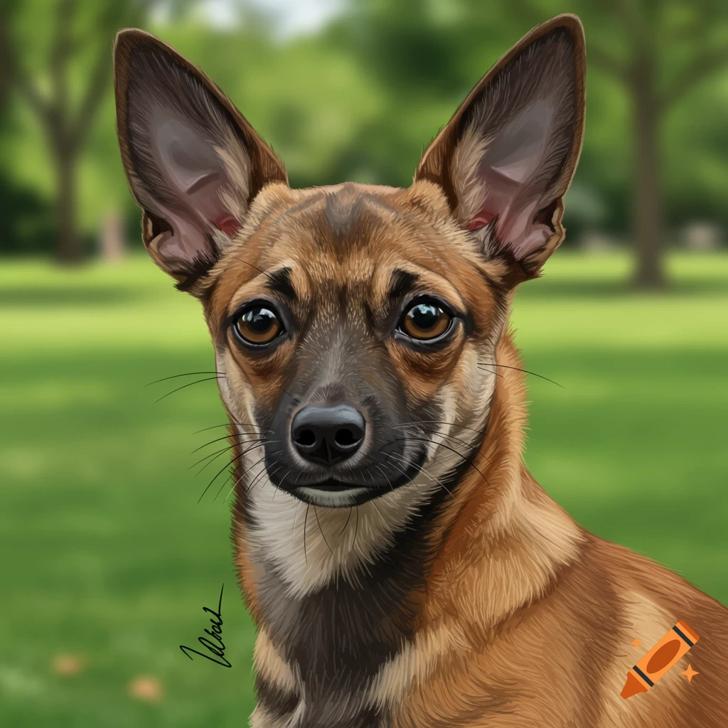 A chihuahua and malinoise dog mix looking at the camera in a park.