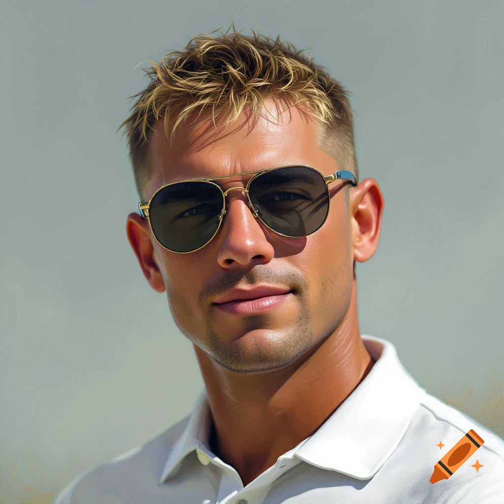 A close-up portrait of a man wearing aviator sunglasses and a white polo shirt.
