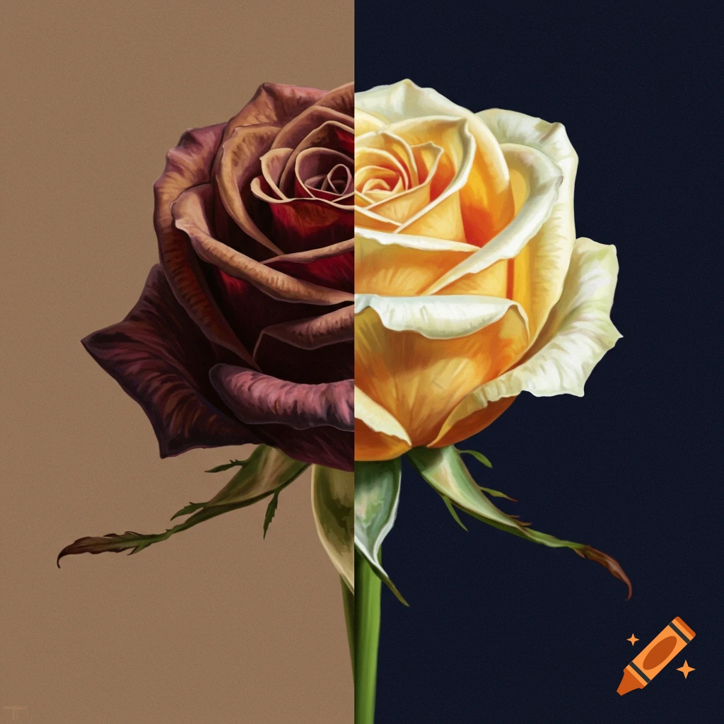 A rose split vertically, one side dark red and wilting, the other side bright yellow and thriving.