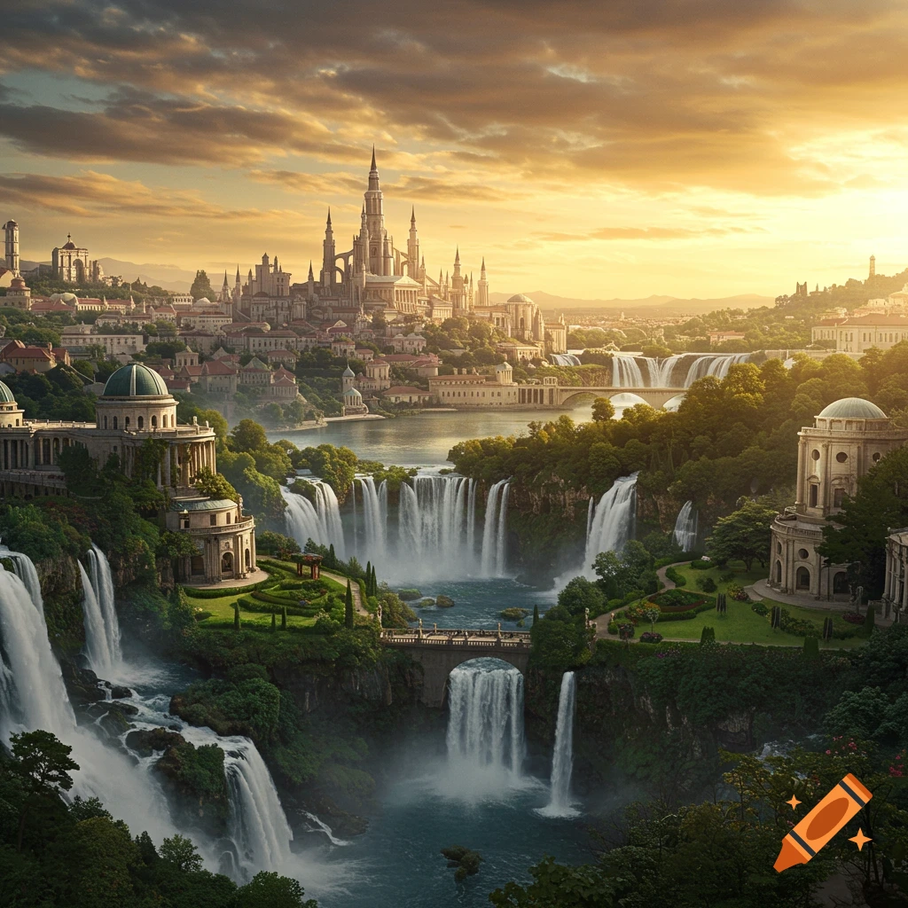 Grand fantasy city with towering spires built on cliffs with multiple cascading waterfalls, bathed in the warm light of golden hour.
