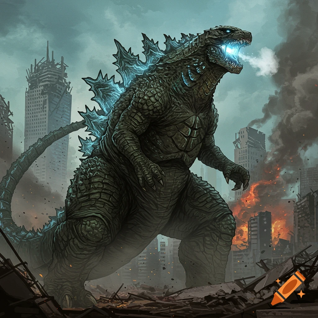 Godzilla roaring in a destroyed city.