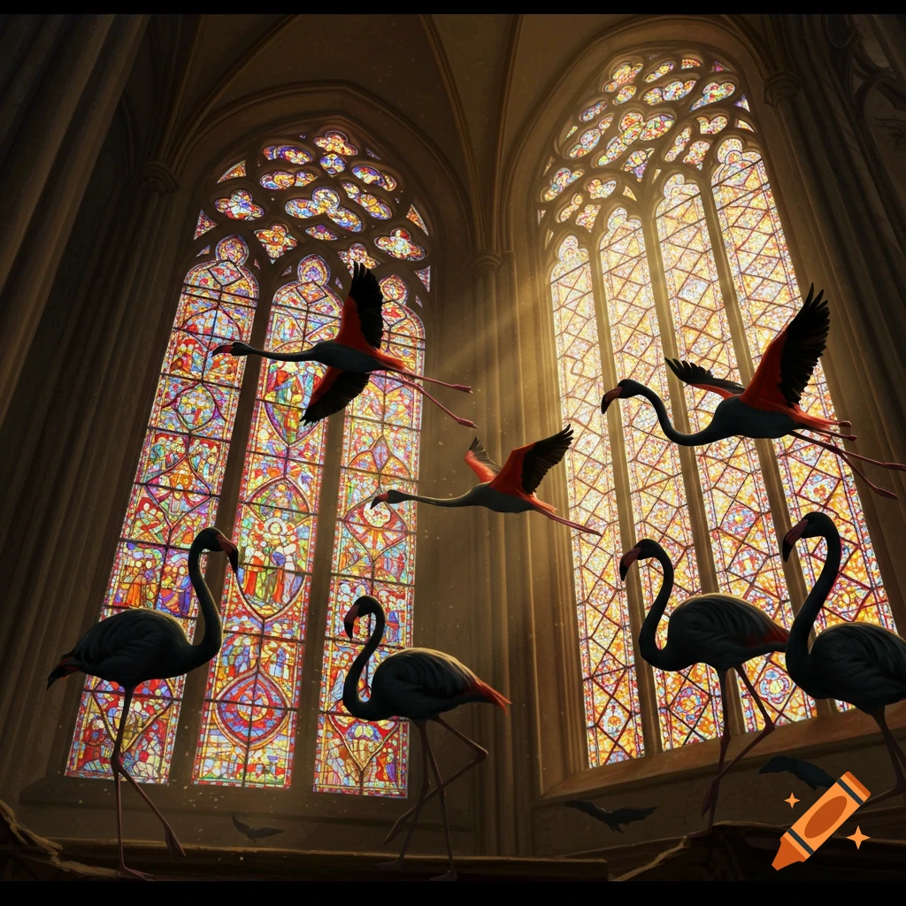 Black flamingos flying and standing in a Gothic church with large stained glass windows.