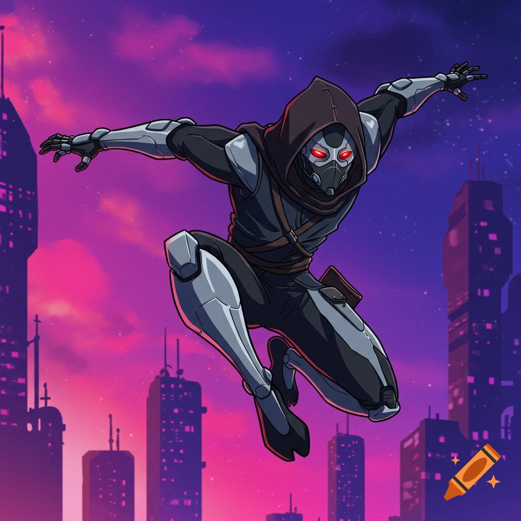 A hooded, masked figure in a futuristic suit leaps in the air against a cyberpunk city skyline and purple sky in anime style.