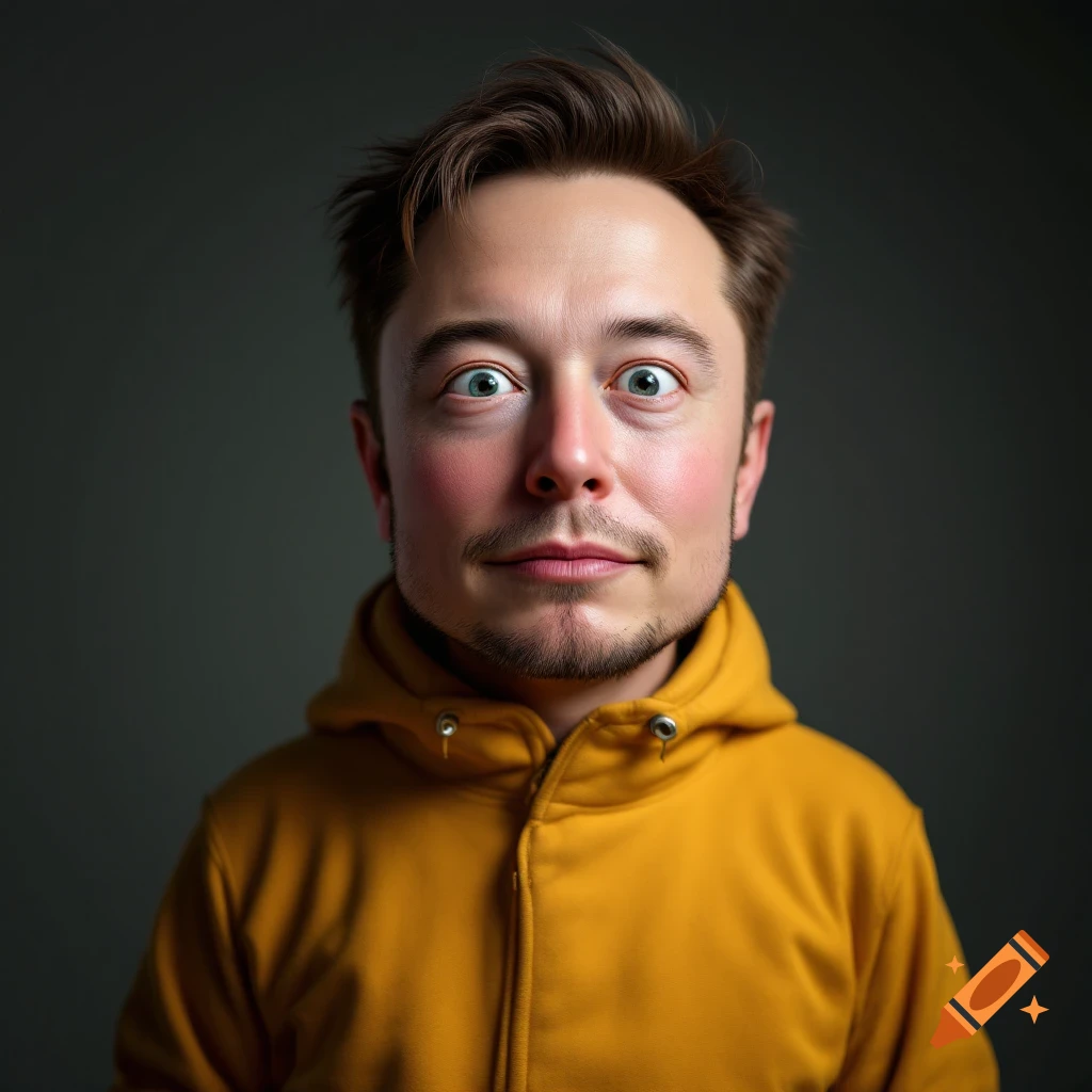 Close-up portrait of Elon Musk with wide, surprised eyes and rosy cheeks, wearing a yellow hoodie, in a cartoonish disguise style.