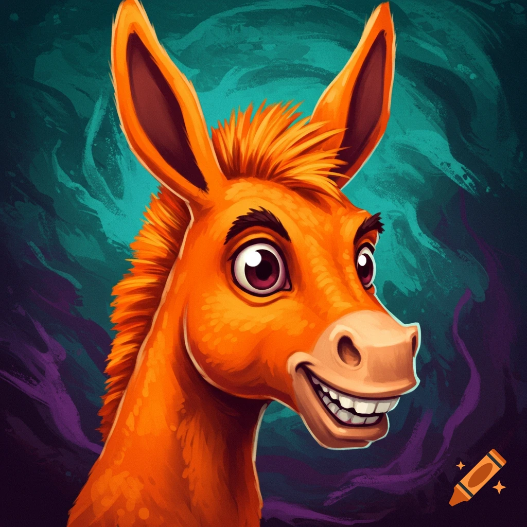 Cartoon orange donkey with a wide smile.