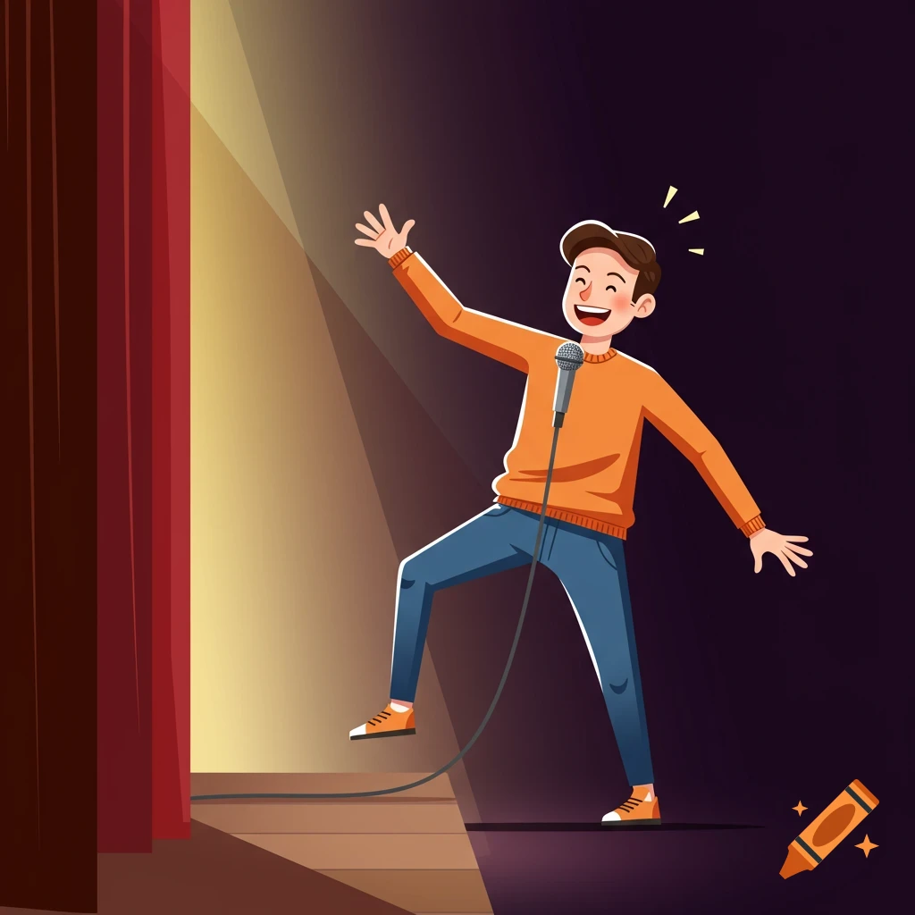 A cheerful cartoon person stands on a stage under a spotlight with a microphone, raising their hands.