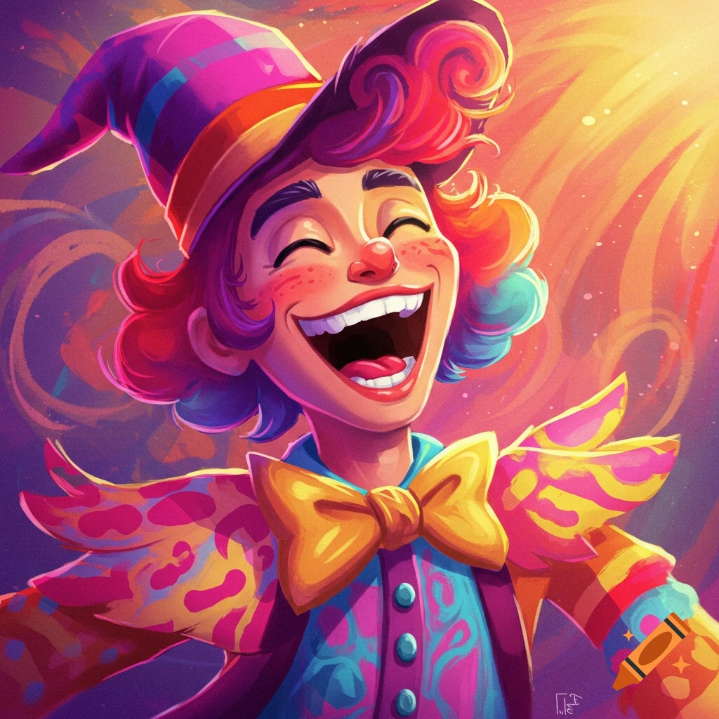 A brightly colored image of a character in a clown costume laughing joyfully.