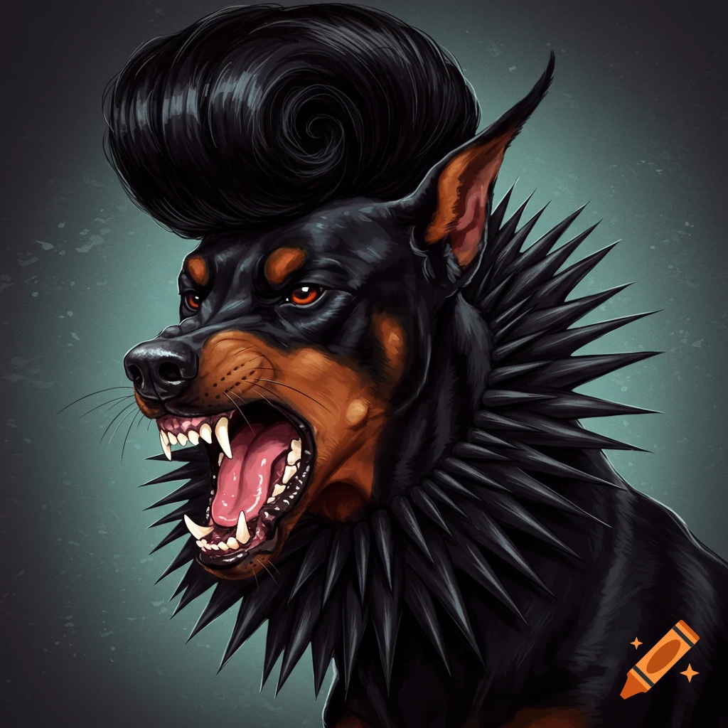 A furious Doberman dog with a pompadour and spiked collar.