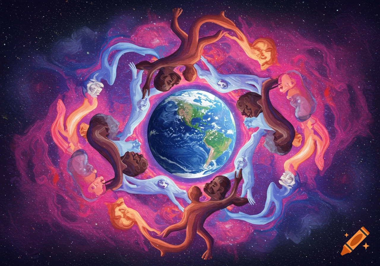 Psychedelic abstract figures of different skin tones circling the Earth in space with a colorful nebula.