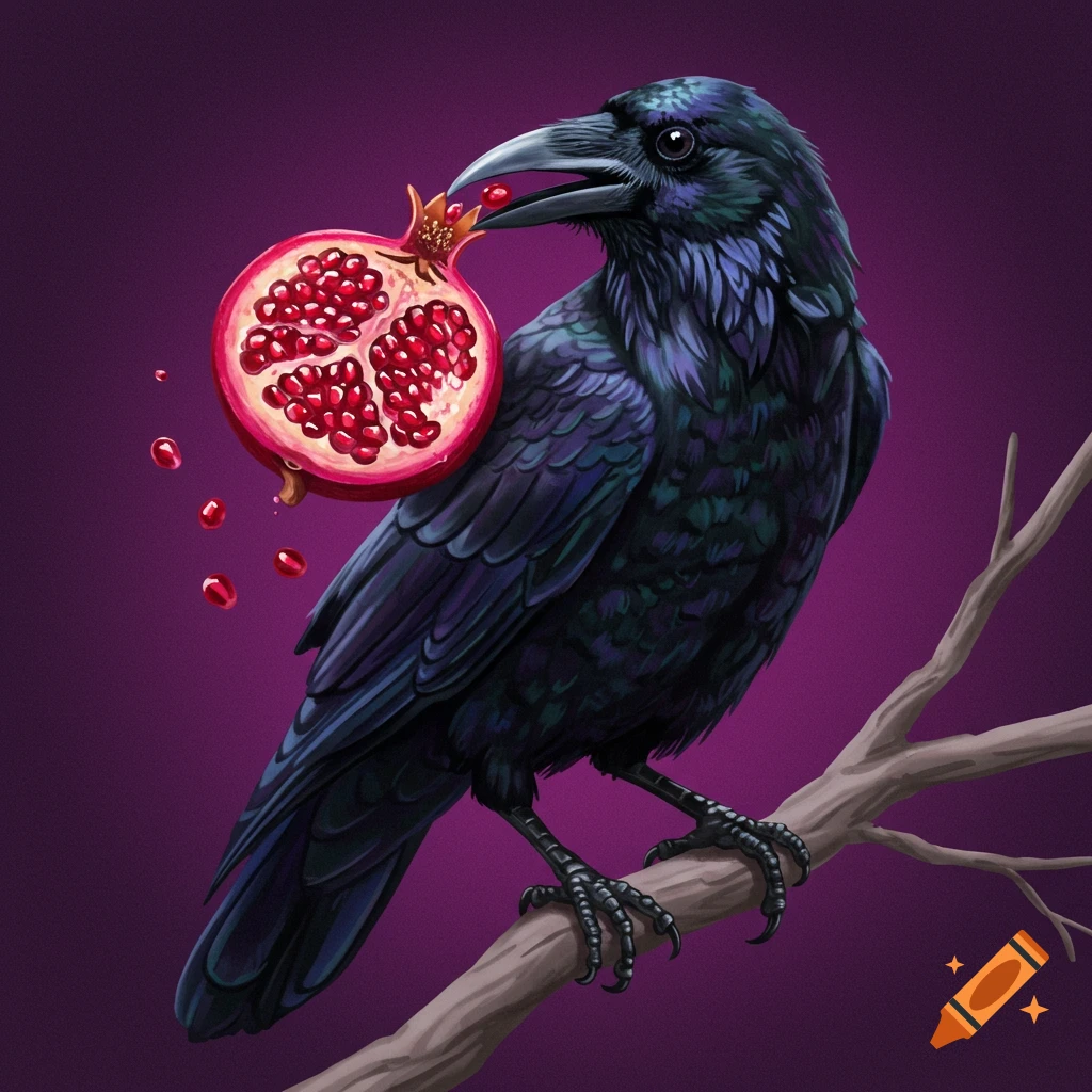 A black crow holding a sliced pomegranate in its beak while perched on a branch.