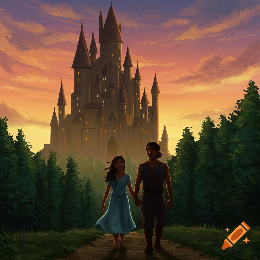 A man and woman walk hand-in-hand down a path away from a large fantasy castle at sunset.