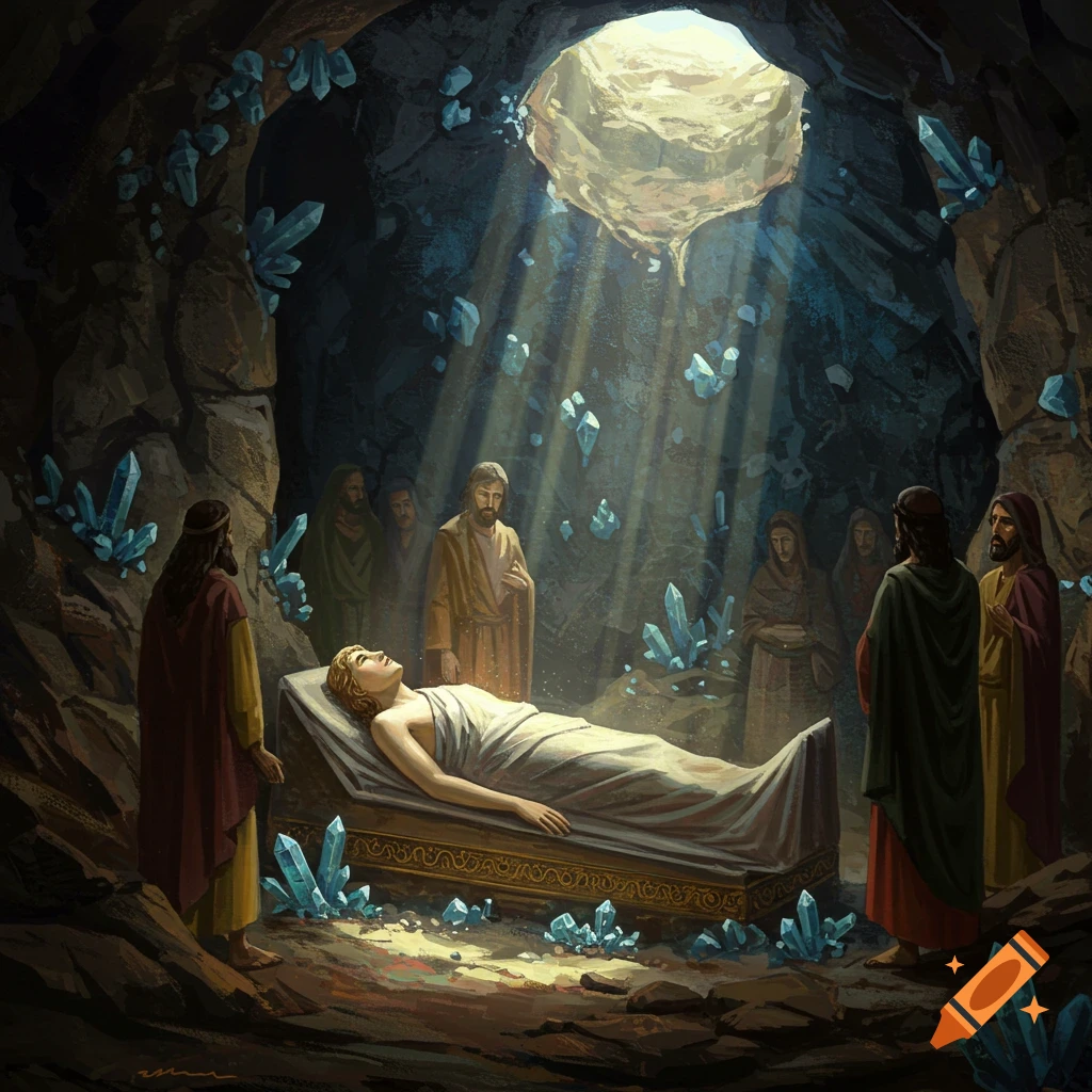 Figures standing around a person on a bier in a cave filled with glowing crystals.