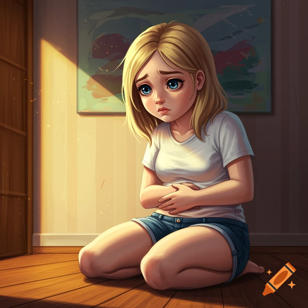 A sad young girl with blonde hair, kneeling and clutching her stomach.
