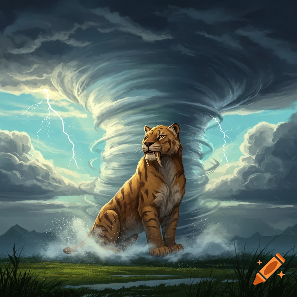 A saber tooth cat sitting in splashing water during a storm with a tornado and lightning.