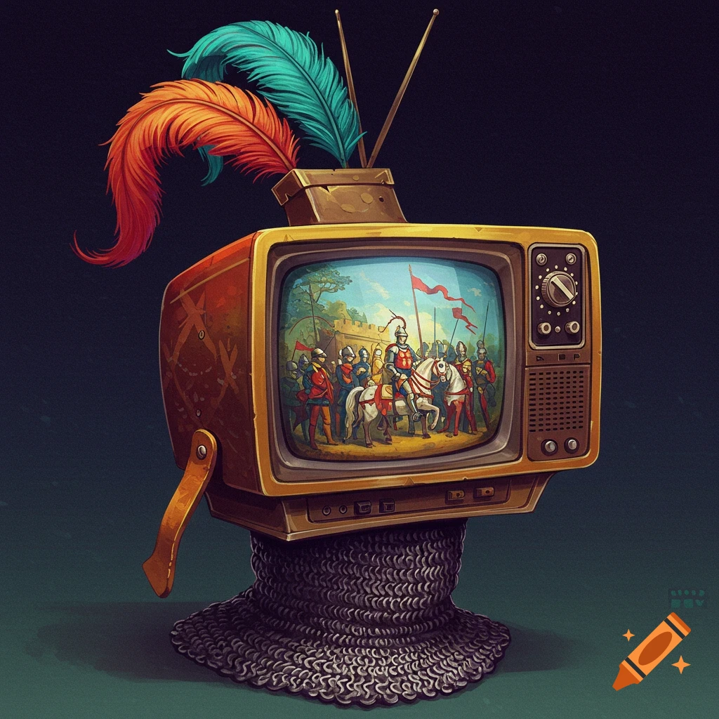 An old television is wearing a chainmail helmet with feathered plumes. The screen is displaying a medieval battle scene.