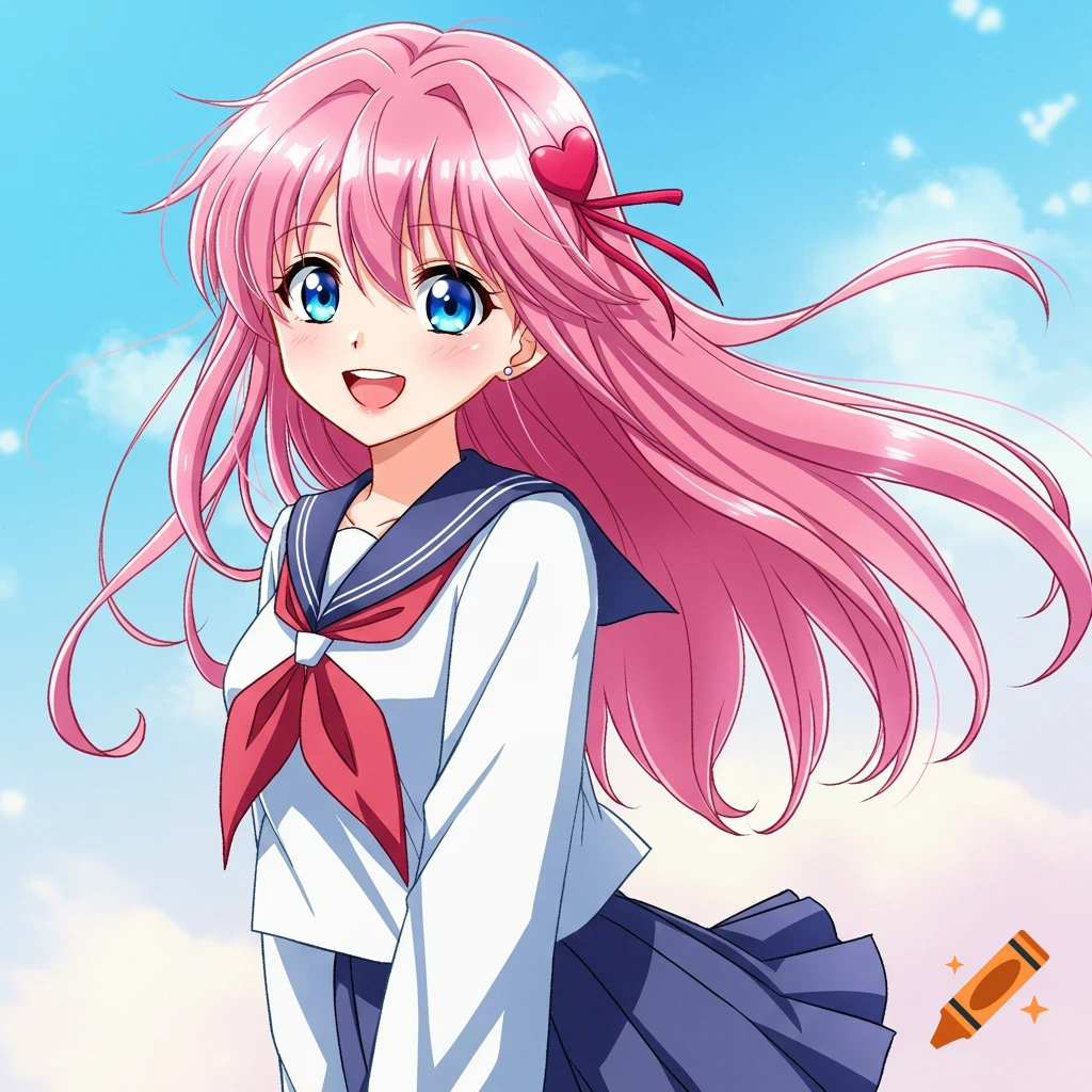 Anime girl with pink hair and blue eyes in a school uniform, smiling against a sky background.