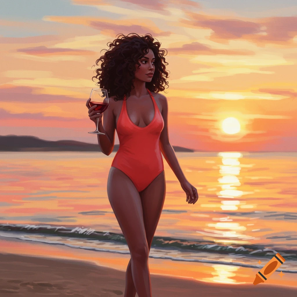 A woman in a red swimsuit holds a wine glass while walking on a beach at sunset.