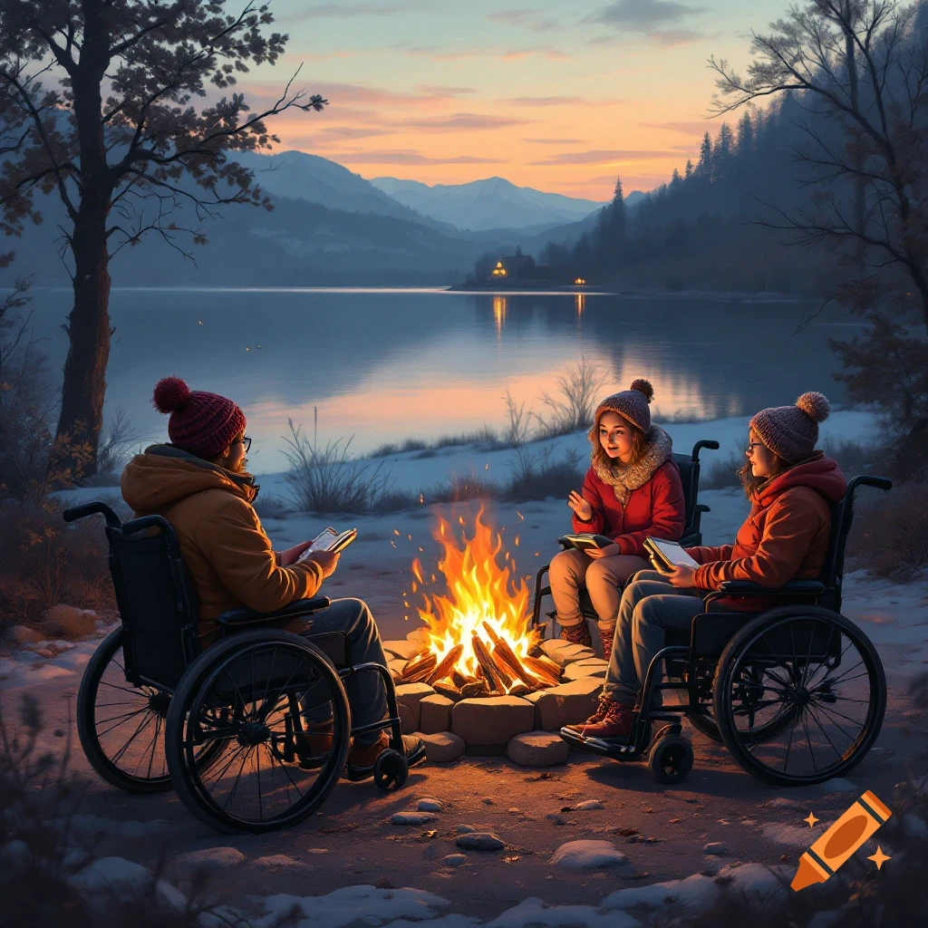 Three people in wheelchairs read books around a campfire by a lake with mountains at sunset.