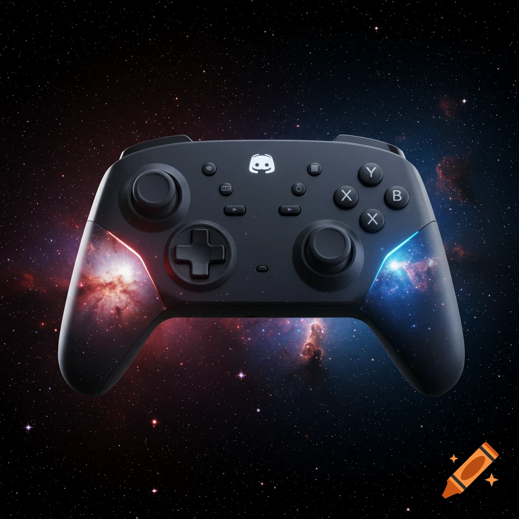 A dark gaming controller with glowing red and blue galaxy patterns on the handles floats in space with stars and nebulae.