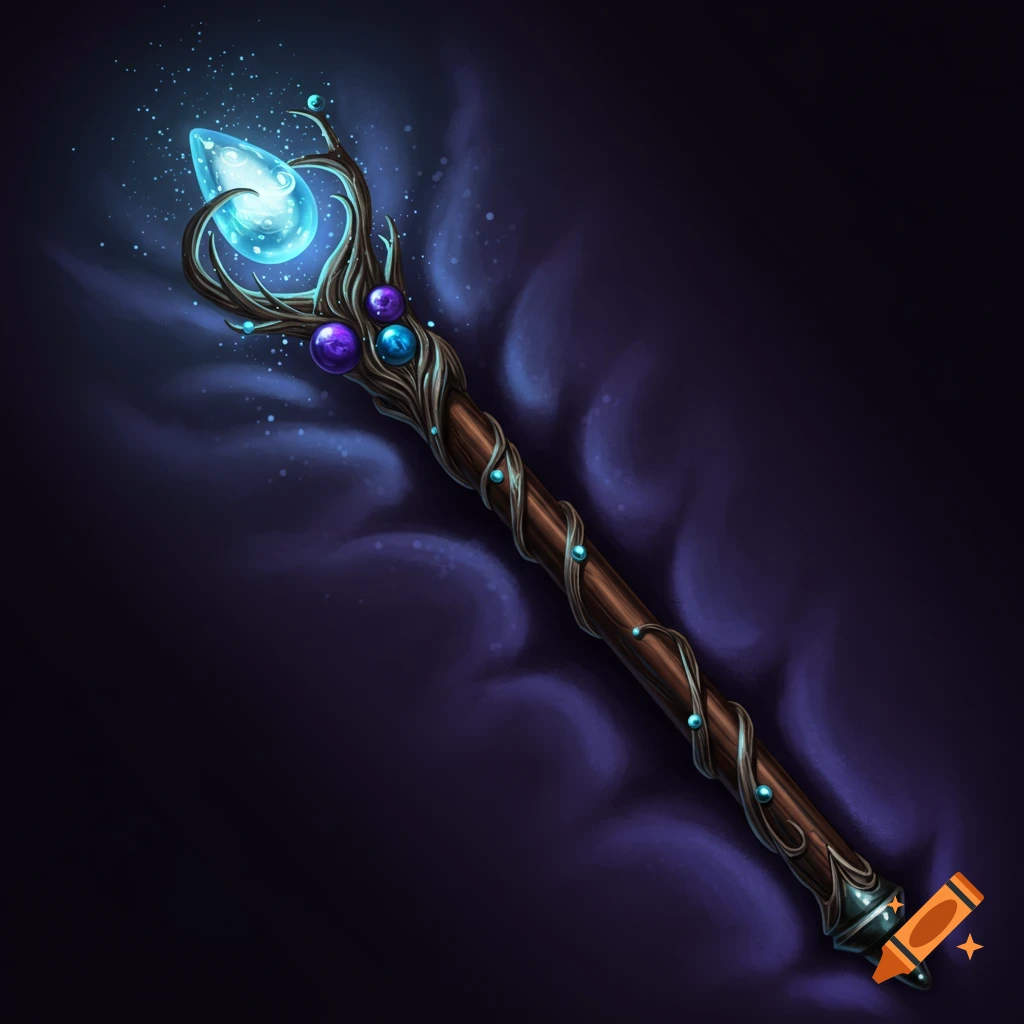 A fantasy magic wand with a glowing blue crystal tip on a dark background.