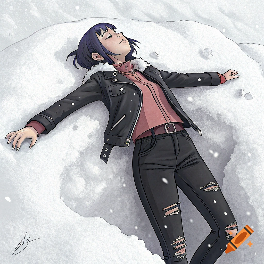 Anime character in a black jacket and ripped jeans lying on their back in the snow with arms spread.